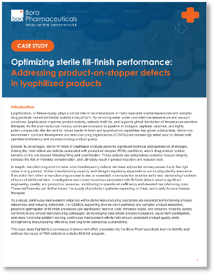 Bora Pharmaceuticals case study cover: title 'Optimizing sterile fill-finish performance: Addressing product-on-stopper defects in lyophilized products' on a blue header with logo and CASE STUDY badge.