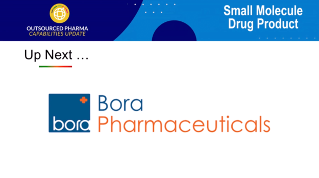 Upcoming segment banner featuring the Bora Pharmaceuticals logo beneath the 'Up Next…' heading, with an Outsourced Pharma banner at the top.
