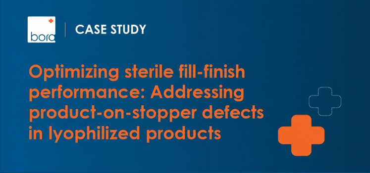 Case study banner: 'Optimizing sterile fill-finish performance: Addressing product-on-stopper defects in lyophilized products' with a blue background, white logo on the left, and orange cross shapes on the right.