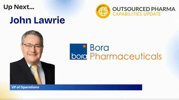 Speaker John Lawrie, VP of Operations, next up with Outsourced Pharma and Bora Pharmaceuticals logos in the background.